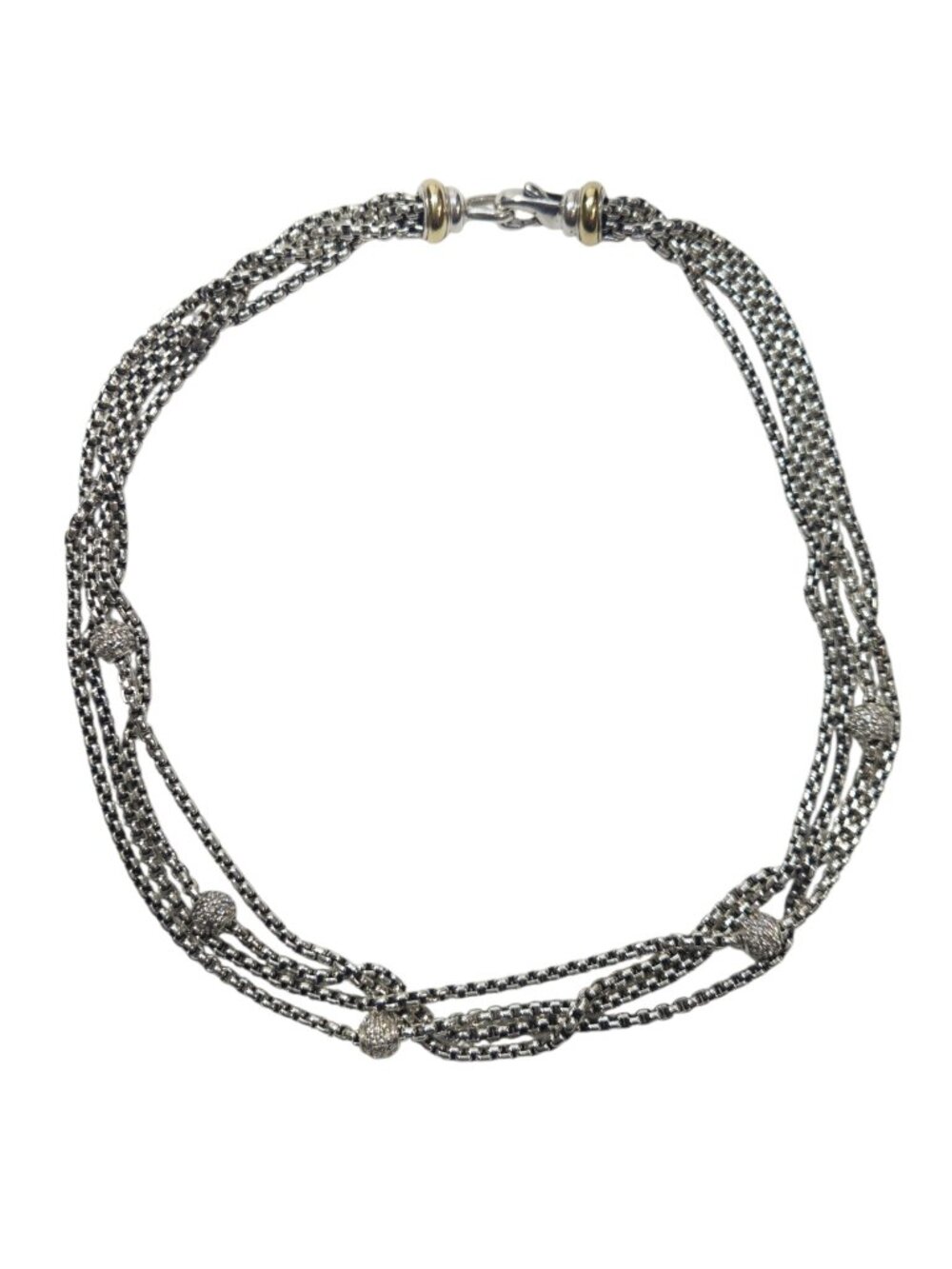 David Yurman Sterling 18k Yellow Gold 4 Strand Diamond Sphere Necklace #25227